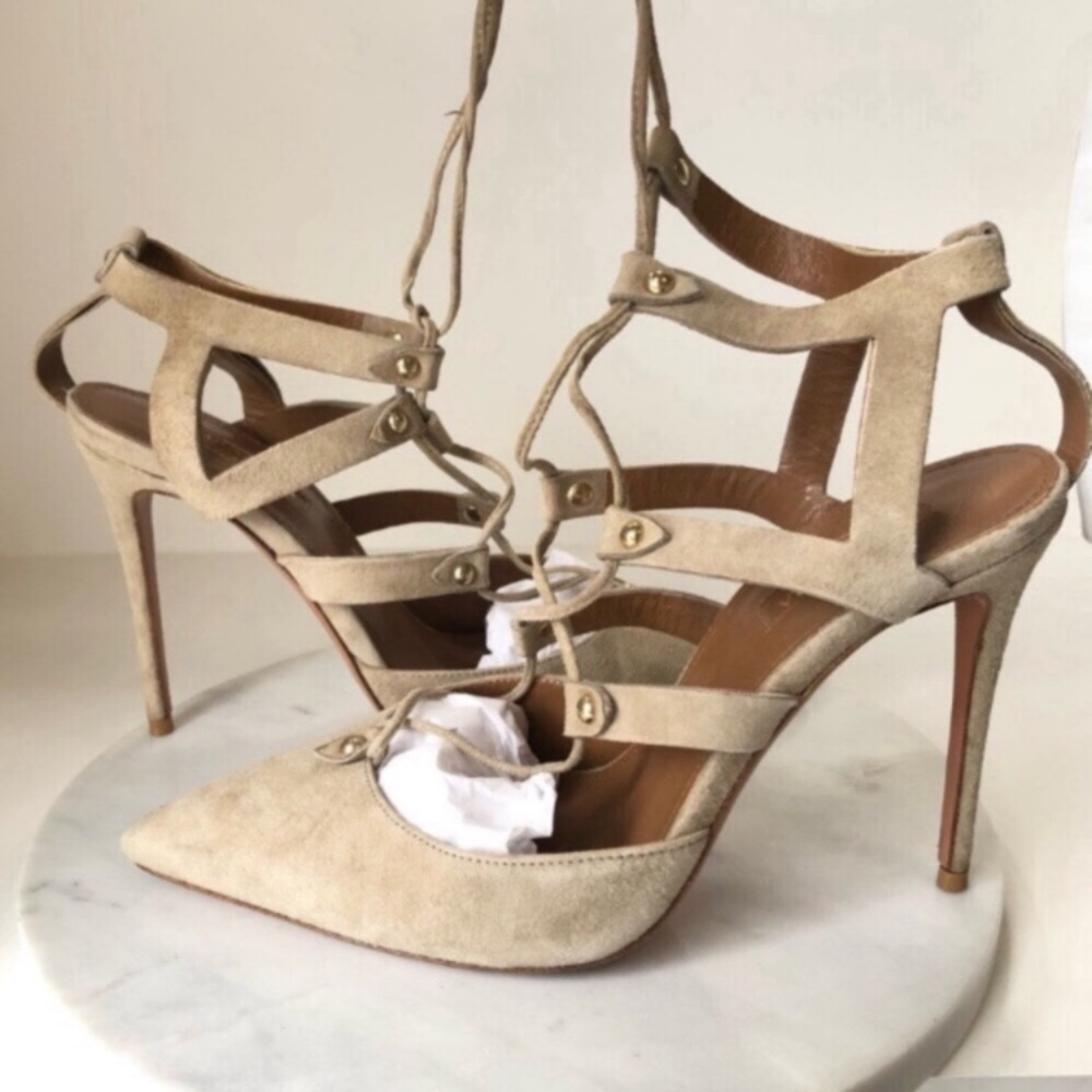 Aquazzura Bel Air Ash Nude Neutral Pointed Toe Suede Lace Pumps